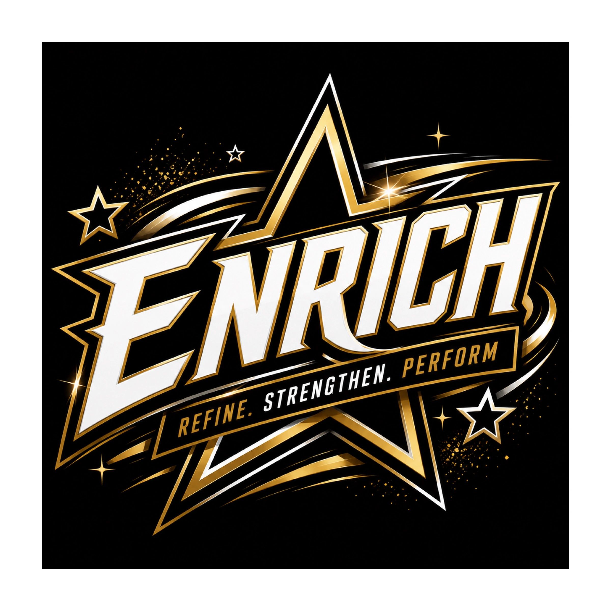 Gold and white star logo with the word ENRICH on a black background.