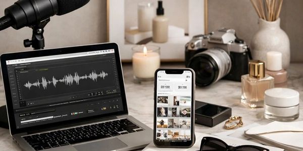 Workspace with laptop, smartphone, camera, and cosmetics on a marble table.