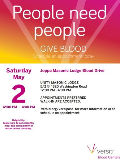 Blood drive event on May 2nd at Unity Masonic Lodge from 12-4 PM.