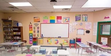 A colorful and organized elementary school classroom with desks, whiteboard, and educational posters