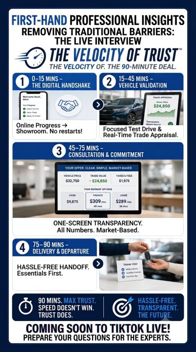 Infographic on a new digital car buying process with trust and transparency.
