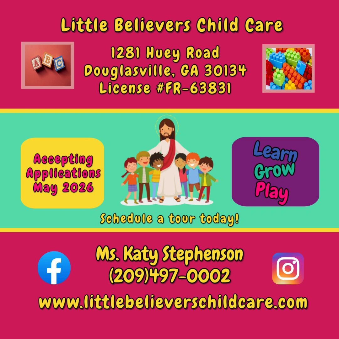 Colorful flyer for Little Believers Child Care accepting applications for May 2026.
