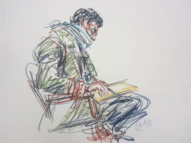 Drawings of Black Panther leader Bobby Seale gagged and bound after declared in contempt of court by a federal judge in 1969.