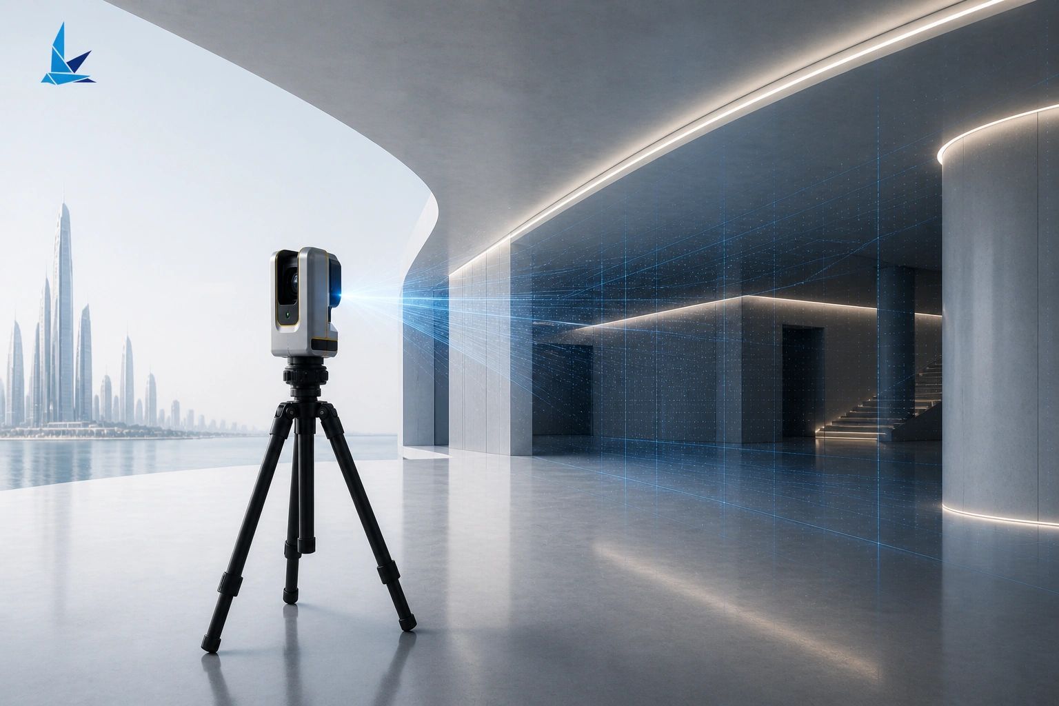 3D laser scanner mapping a modern building interior.