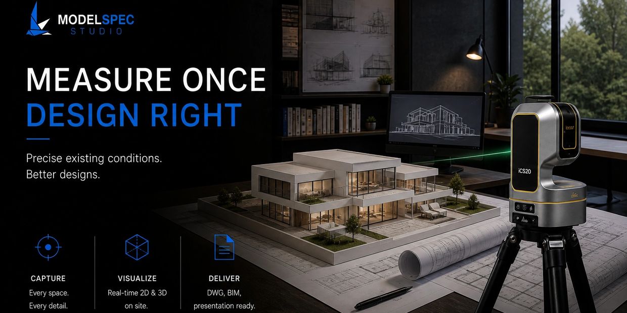 High-tech 3D scanner with architectural model and design software in a modern workspace.