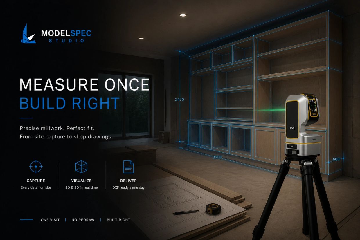Laser scanning equipment for precise millwork measurements.