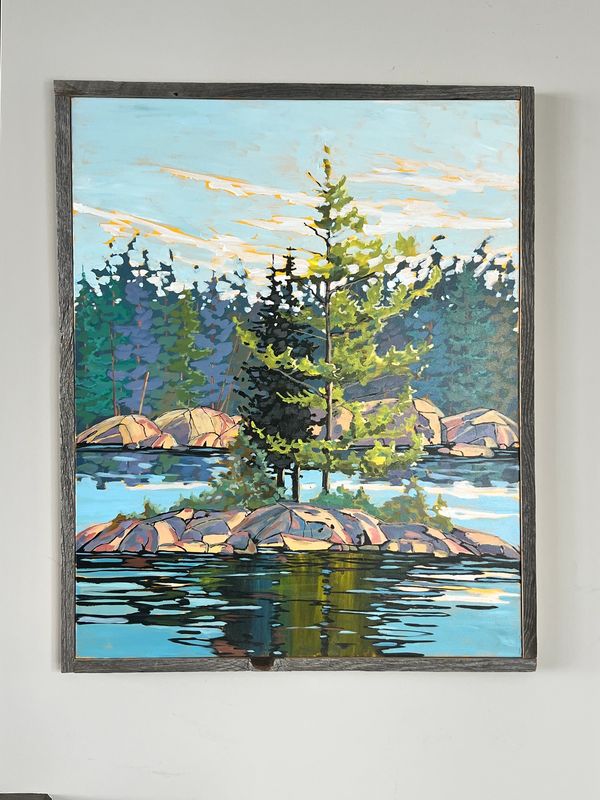 Painting of a tree-covered rocky island with water reflections.