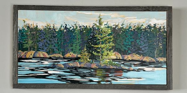 A serene painting of a forested lake with rocks and a small island tree.