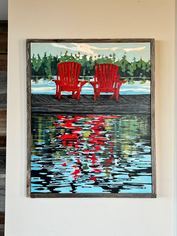 Painting of two red chairs on a dock with reflections in water.