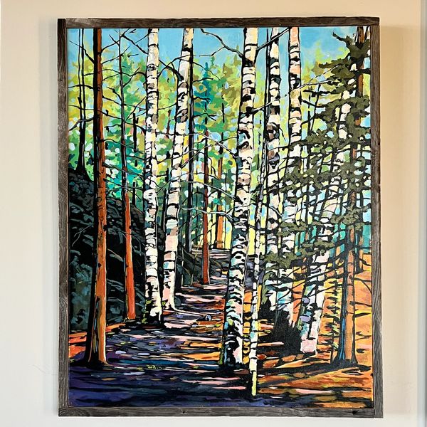 Painting of a sunlit forest path with birch trees and vibrant colors.