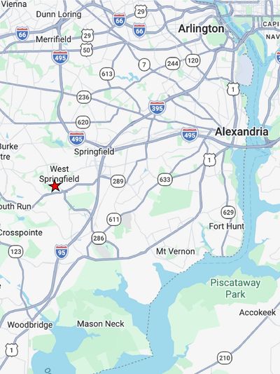 Photo overview map of where 7343 Stream Way is located in West Springfield, VA near major commute ro