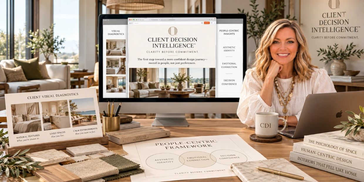 A smiling woman at a desk with design materials and a computer screen displaying client decision intelligence.