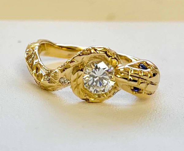 Fine Jewelry Custom handmade 14k yellow gold and diamond snake engagement ring