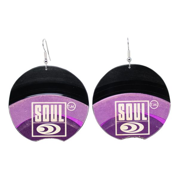 Vinyl Record earrings with purple soul record label, stainless steel ear wire