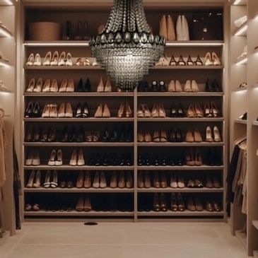 A full walk in closet system,  a chandelier and clothes hanging up, shoes, hats and purses on shelve