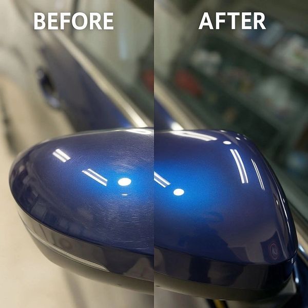 Before and after paint enhancement on blue mirror showing swirl removal