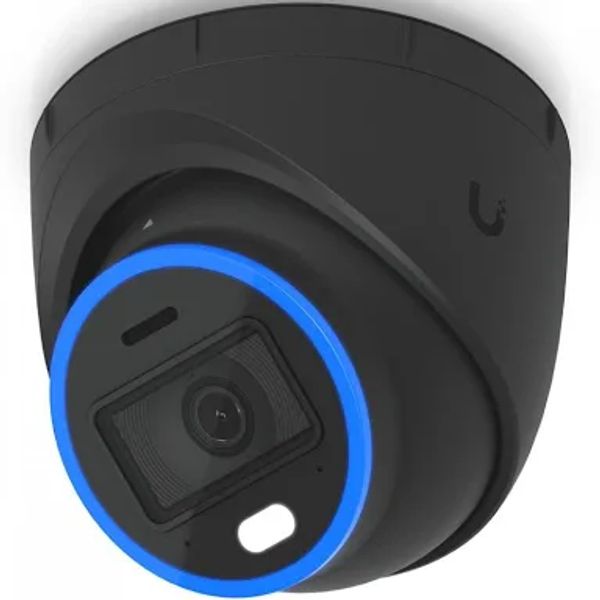 Black dome security camera with a blue LED ring light.