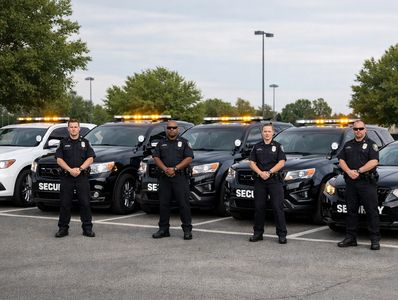 Four security officers standing in front of their black and white security vehicles.