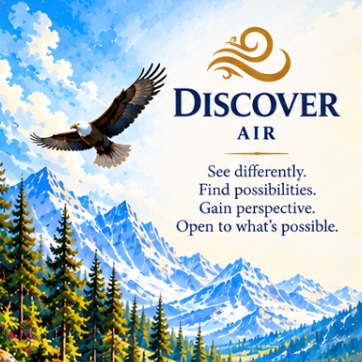 Eagle soaring over mountains with Discover Air logo and motivational text.