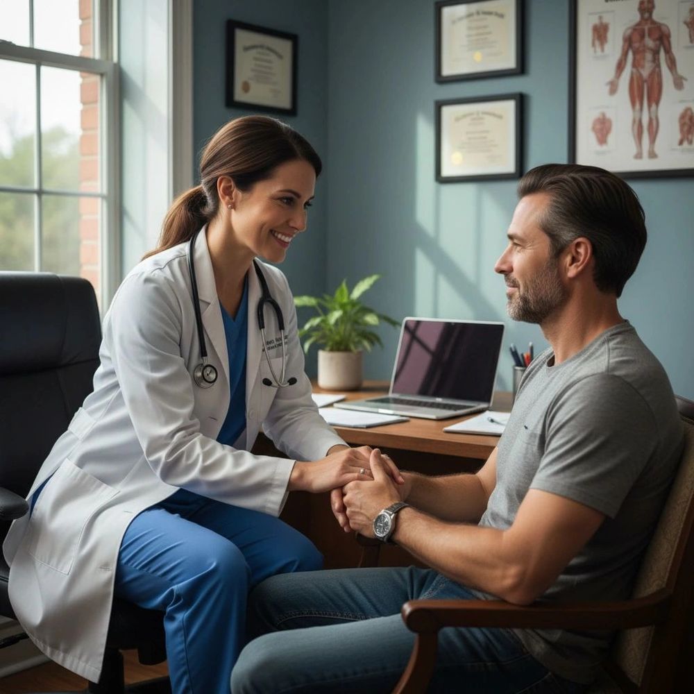 A doctor warmly interacting with a male patient in a medical office.