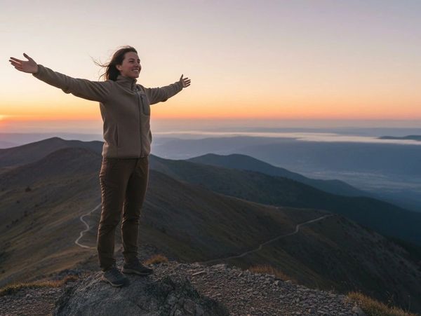 Woman with arms outstretched on mountain peak at sunrise.