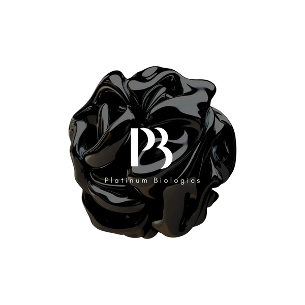 Sleek black abstract shape with Platinum Biologics logo.