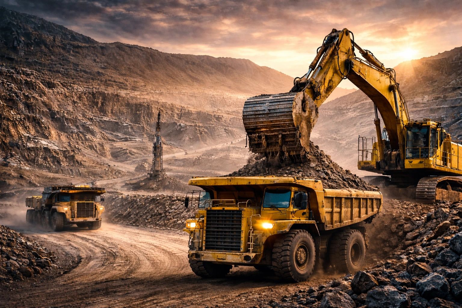 Excavator loading rocks into a dump truck at a mining site during sunset.