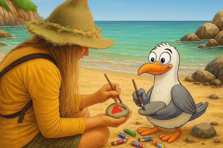 A girl and a cartoon seagull painting rocks on a beach.