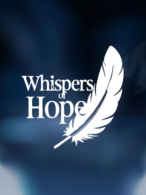 Logo with the words 'Whispers of Hope' and a white feather on a dark blue background.