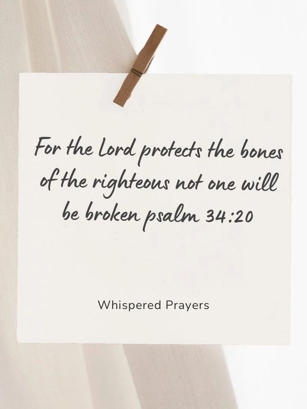 Inspirational Bible verse from Psalm 34:20 about divine protection.