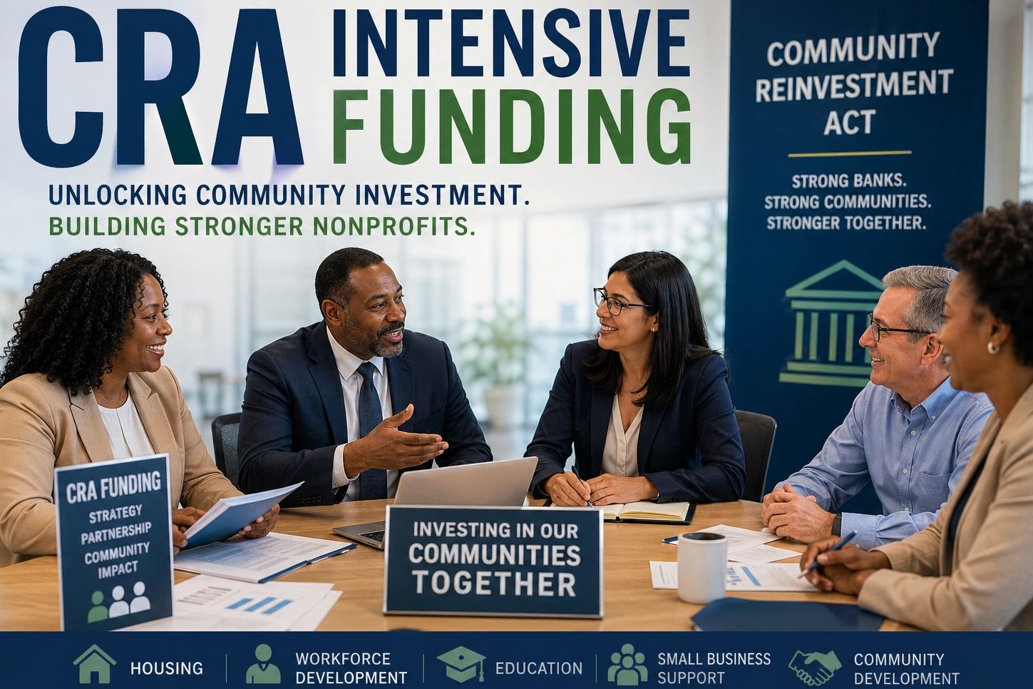 Diverse professionals discuss CRA funding to support community investment and nonprofit growth.