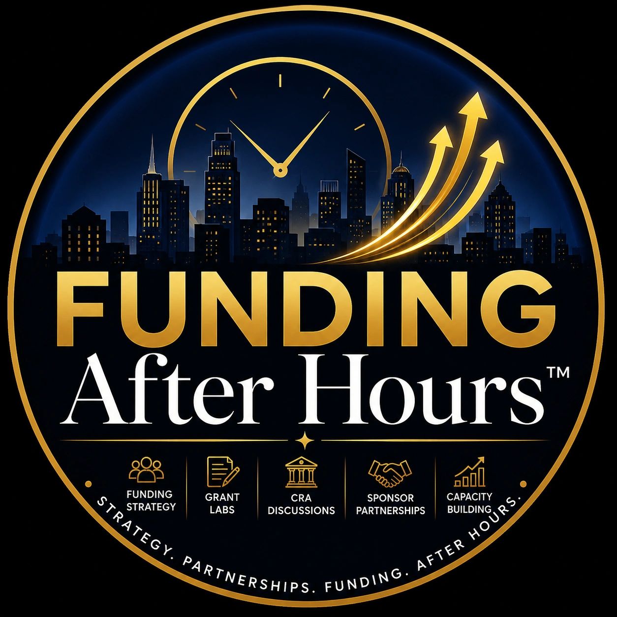 Logo of Funding After Hours with city skyline and upward arrows.
