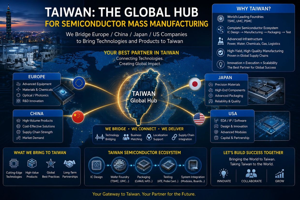 Taiwan as the global hub for semiconductor mass manufacturing connecting Europe, China, Japan, and the USA.