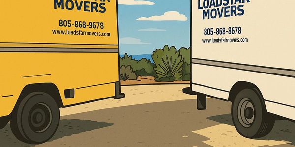 Two Loadstar Movers trucks parked outdoors with contact details visible.