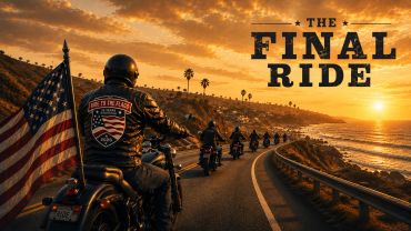 Motorcyclists riding along a coastal road at sunset.