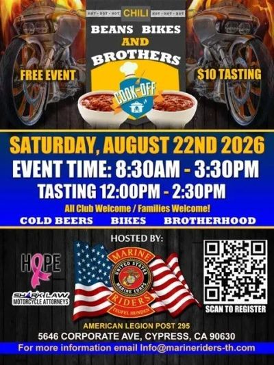 Flyer for Beans Bikes and Brothers cook-off event on August 22, 2026.