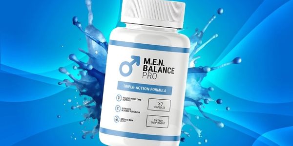 Bottle of M.E.N. Balance Pro supplement with blue splash background.