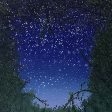 A painting of the night sky in the forest