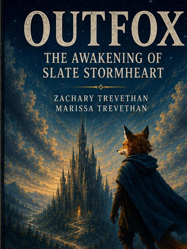 Book cover of Outfox with a fox character overlooking a glowing castle at dusk.