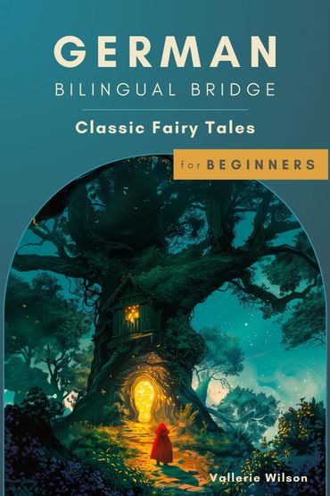 A magical forest scene with a glowing treehouse and a figure in a red cloak.