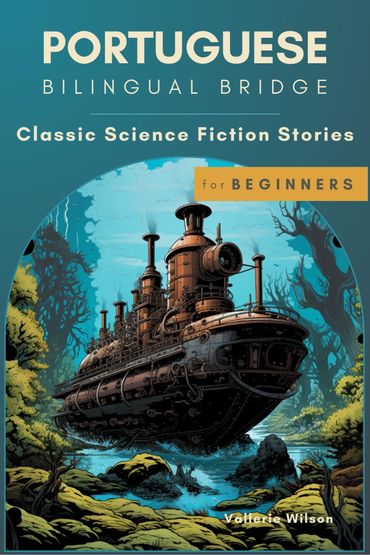 Book cover of a Portuguese bilingual science fiction collection for beginners with a steampunk ship illustration.