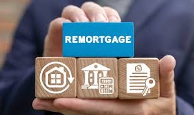 Hand holding blocks representing remortgage concepts with icons.