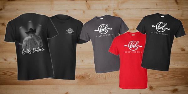 Collection of Bobby Degonia branded t-shirts in black, gray, and red.