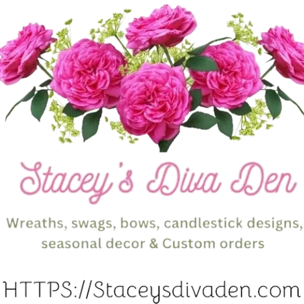 Logo of Stacey's Diva Den with pink roses and business details.
