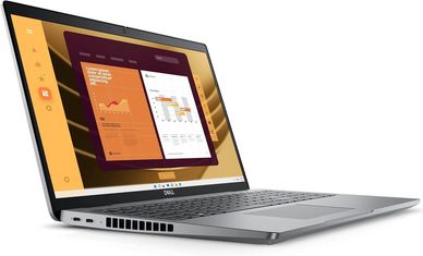 Sleek Dell laptop with an open screen displaying orange-themed data charts and schedule.