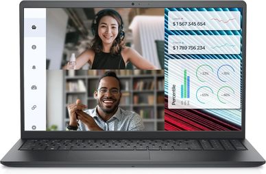 Two people on a video call with financial data displayed beside them on a laptop screen.