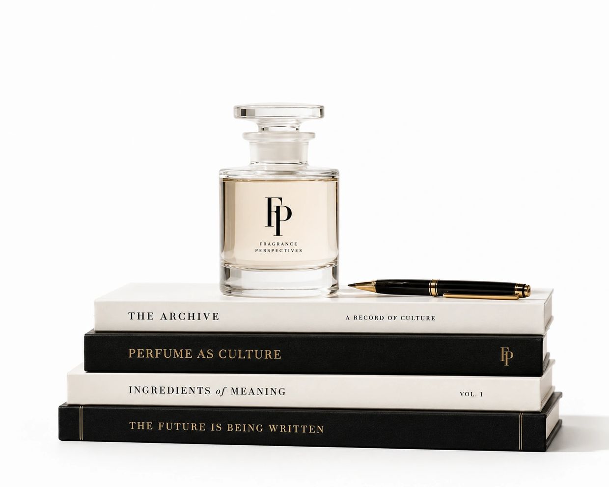 Fragrance bottle and pen on stacked books.
