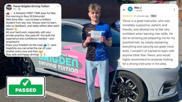 Young man proudly holding driving test pass certificate outside driving school.