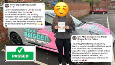 Happy learner driver passing test with Trevor Brigden Driving Tuition.