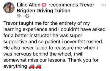 A positive review for Trevor Brigden Driving Tuition praising patient instruction.